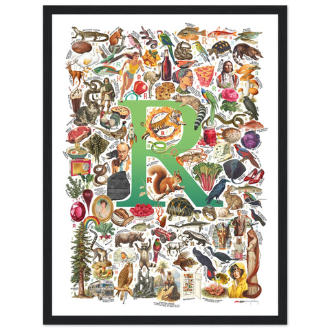 "R is for Remarkable" — a Renard Roux alphabet poster with English R words (green version)