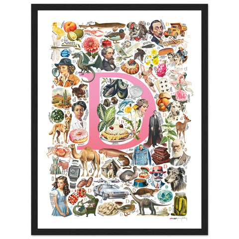 "D is for Discovery" — a Renard Roux alphabet poster with English D words (pink version)