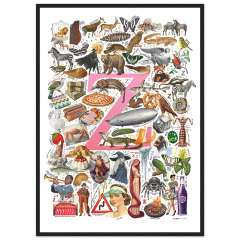 "Z is for Zenith" — a Renard Roux alphabet poster with English Z words (pink version)