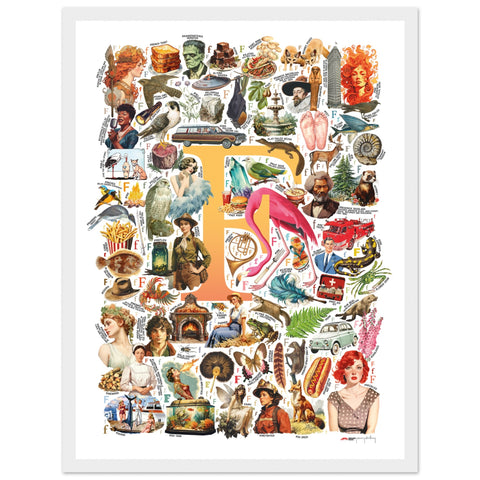 "F is for Festive" — a Renard Roux alphabet poster with English F words (yellow version)