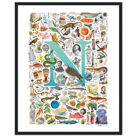 "N is for Nature" — a Renard Roux alphabet poster with English N words (turquoise version)