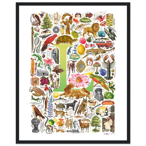 "L is for Learning" — a Renard Roux alphabet poster with English L words (chartreuse version)