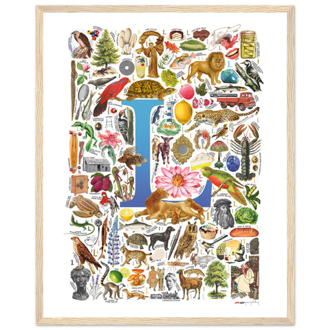 "L is for Learning" — a Renard Roux alphabet poster with English L words (blue version)