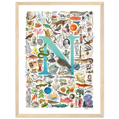 "N is for Nature" — a Renard Roux alphabet poster with English N words (turquoise version)