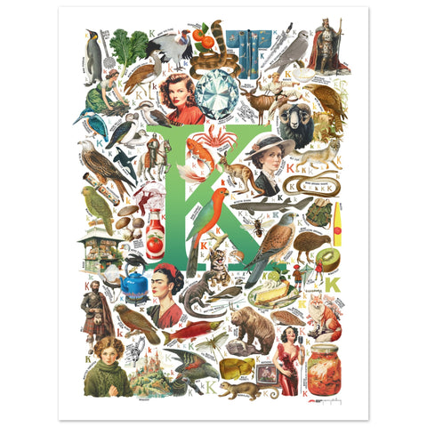 "K is for Keen" — a Renard Roux alphabet poster with English K words (green version)