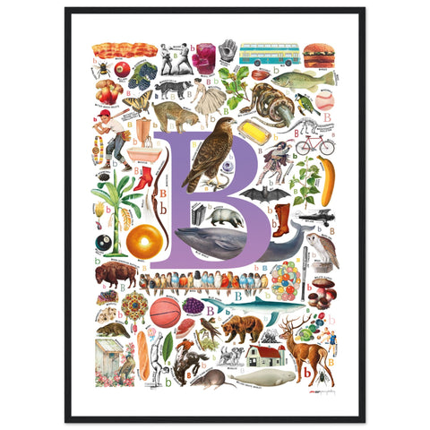 "B is for Brave" — a Renard Roux alphabet poster with English B words (purple version)