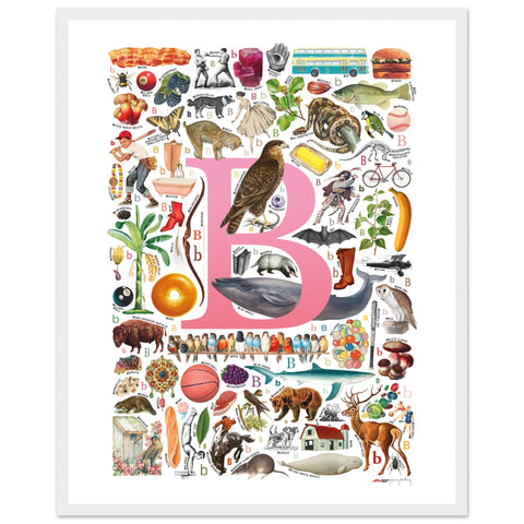 "B is for Brave" — a Renard Roux alphabet poster with English B words (pink version)