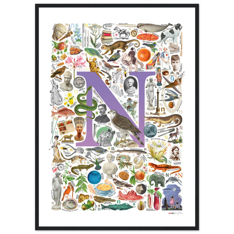 "N is for Nature" — a Renard Roux alphabet poster with English N words (purple version)