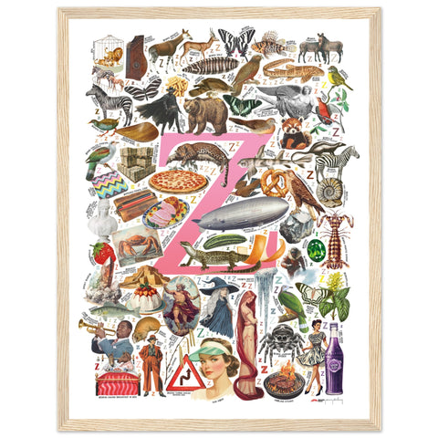 "Z is for Zenith" — a Renard Roux alphabet poster with English Z words (pink version)