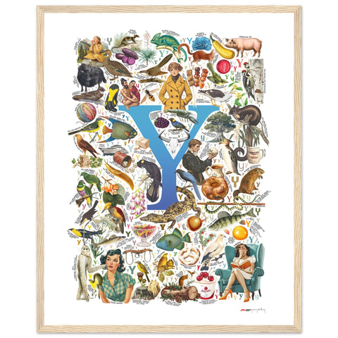 "Y is for Yonder" — a Renard Roux alphabet poster with English Y words (blue version)