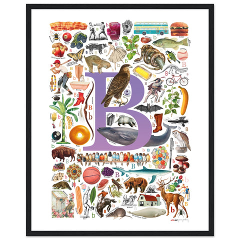 "B is for Brave" — a Renard Roux alphabet poster with English B words (purple version)