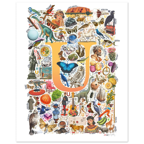 "U is for Unique" — a Renard Roux alphabet poster with English U words (yellow version)