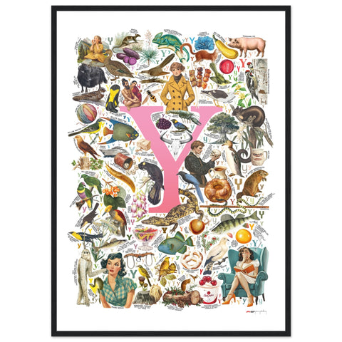 "Y is for Yonder" — a Renard Roux alphabet poster with English Y words (pink version)
