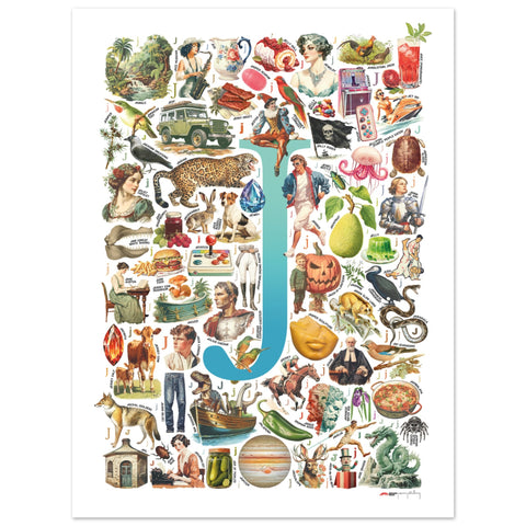"J is for Journey" — a Renard Roux alphabet poster with English J words (turquoise version)