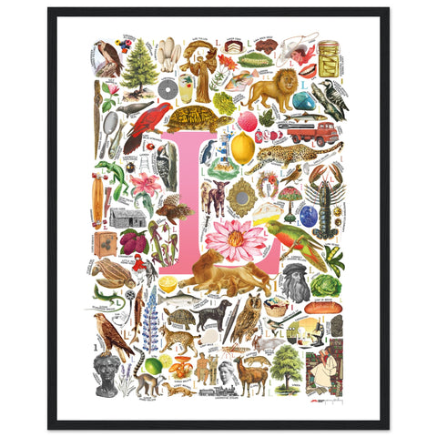 "L is for Learning" — a Renard Roux alphabet poster with English L words (pink version)