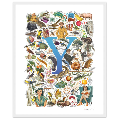 "Y is for Yonder" — a Renard Roux alphabet poster with English Y words (blue version)