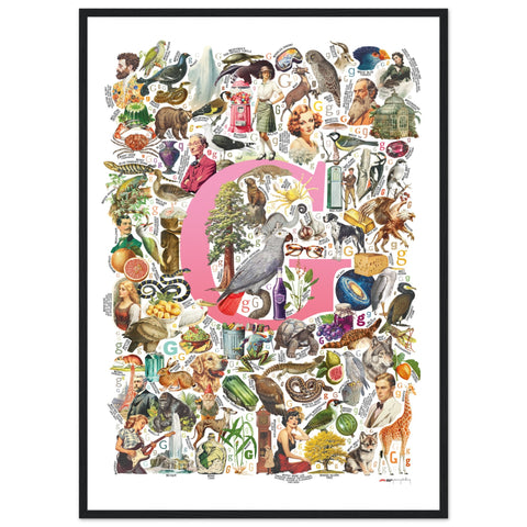 "G is for Great" — a Renard Roux alphabet poster with English G words (pink version)