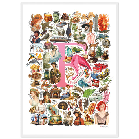 "F is for Festive" — a Renard Roux alphabet poster with English F words (pink version)