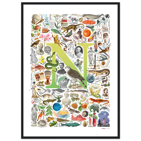"N is for Nature" — a Renard Roux alphabet poster with English N words (chartreuse version)