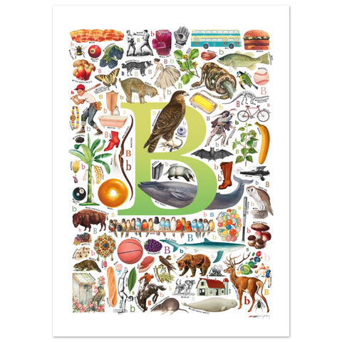 "B is for Brave" — a Renard Roux alphabet poster with English B words (chartreuse version)