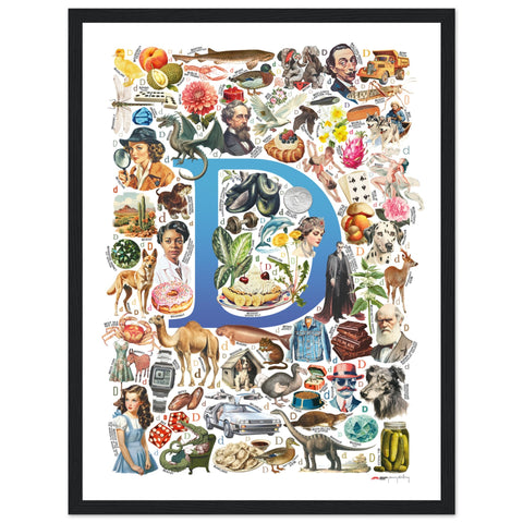 "D is for Discovery" — a Renard Roux alphabet poster with English D words (blue version)