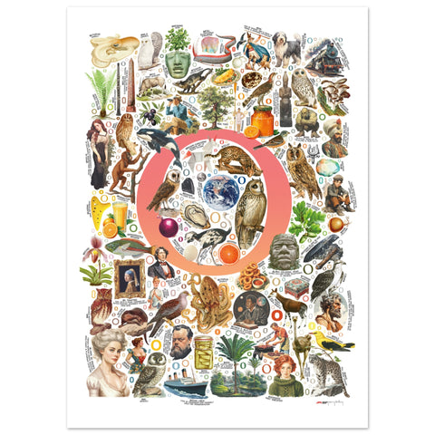 "O is for Original" — a Renard Roux alphabet poster with English O words (red version)