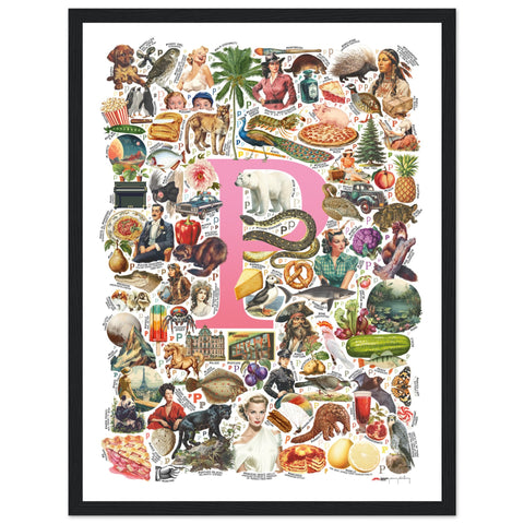 "P is for Pioneer" — a Renard Roux alphabet poster with English P words (pink version)
