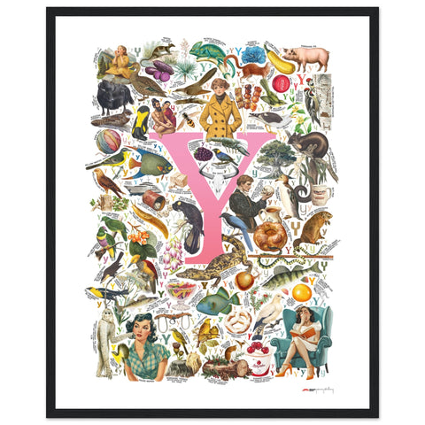 "Y is for Yonder" — a Renard Roux alphabet poster with English Y words (pink version)