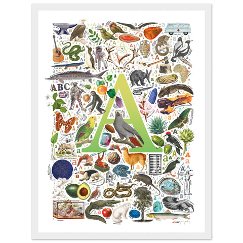 "A is for Adventure" — a Renard Roux alphabet poster with English A words (chartreuse version)
