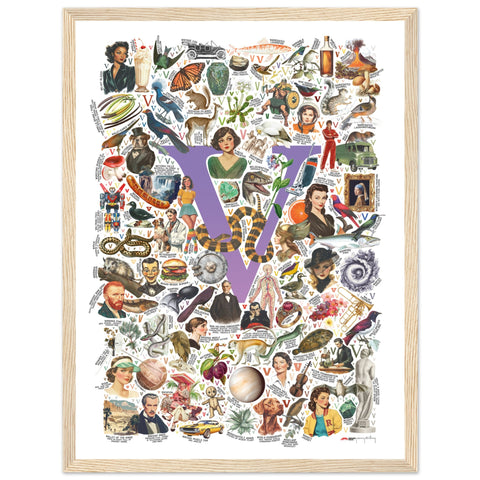 "V is for Voyage" — a Renard Roux alphabet poster with English V words (purple version)