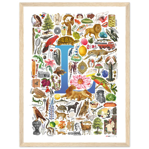 "L is for Learning" — a Renard Roux alphabet poster with English L words (blue version)