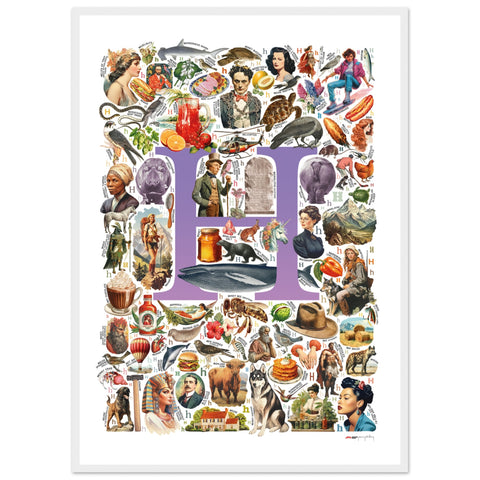 "H is for Heroes" — a Renard Roux alphabet poster with English H words (purple version)