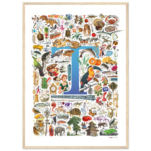 "T is for Treasure" — a Renard Roux alphabet poster with English T words (blue version)