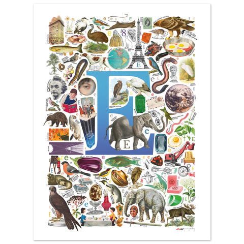 "E is for Explore" — a Renard Roux alphabet poster with English E words (blue version)