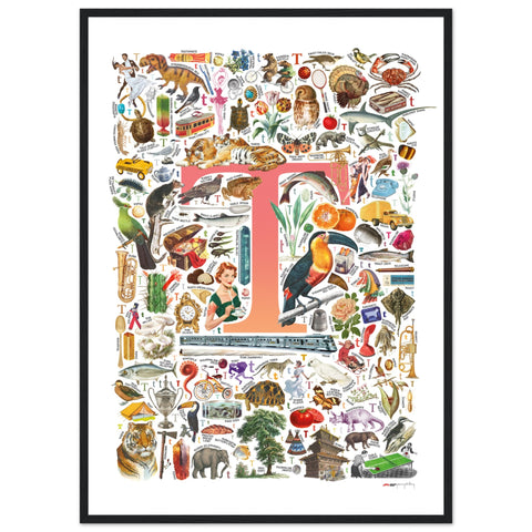 "T is for Treasure" — a Renard Roux alphabet poster with English T words (red version)