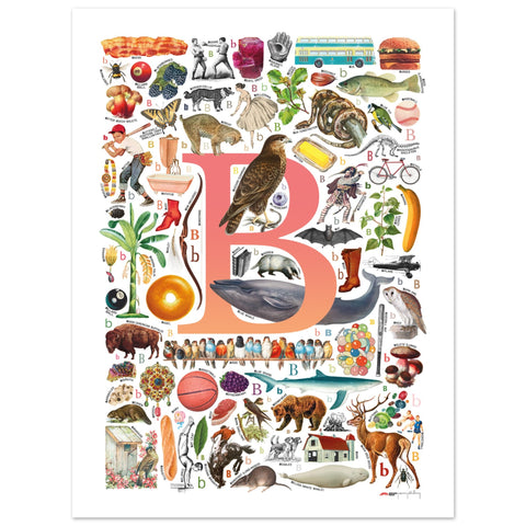 "B is for Brave" — a Renard Roux alphabet poster with English B words (red version)