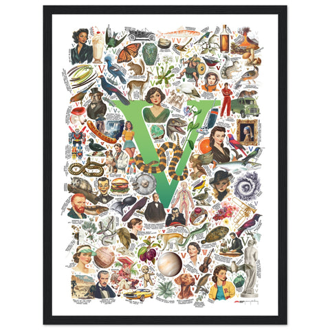 "V is for Voyage" — a Renard Roux alphabet poster with English V words (green version)