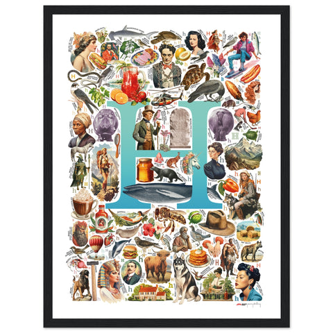"H is for Heroes" — a Renard Roux alphabet poster with English H words (turquoise version)