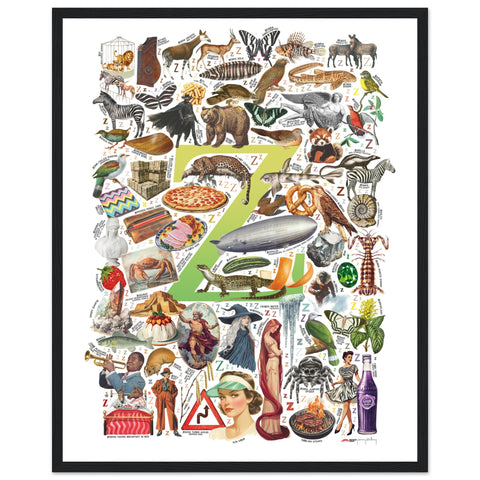 "Z is for Zenith" — a Renard Roux alphabet poster with English Z words (chartreuse version)