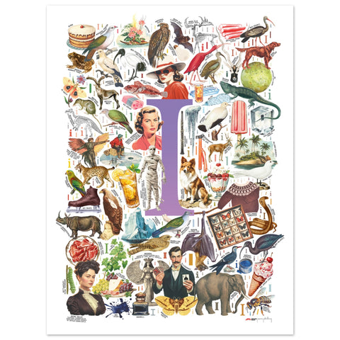 "I is for Imagination" — a Renard Roux alphabet poster with English I words (purple version)