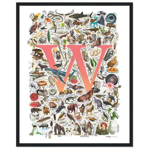 "W is for Wonder" — a Renard Roux alphabet poster with English W words (red version)