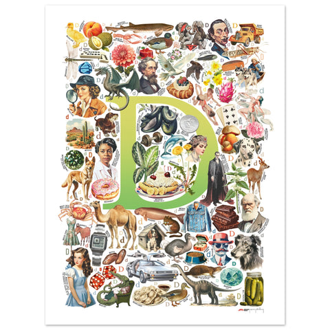 "D is for Discovery" — a Renard Roux alphabet poster with English D words (chartreuse version)