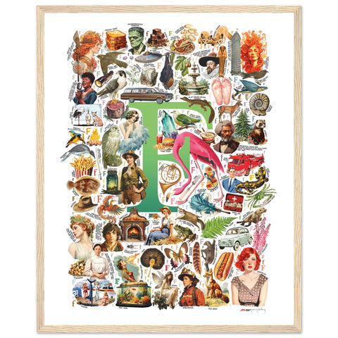 "F is for Festive" — a Renard Roux alphabet poster with English F words (green version)