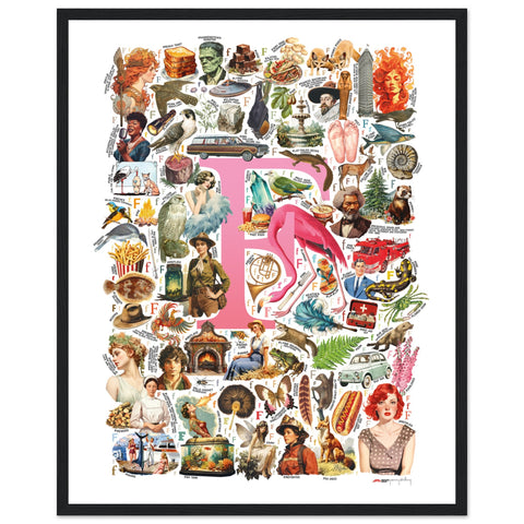 "F is for Festive" — a Renard Roux alphabet poster with English F words (pink version)