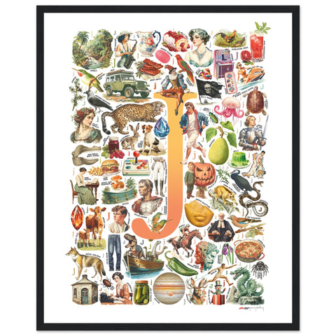 "J is for Journey" — a Renard Roux alphabet poster with English J words (yellow version)