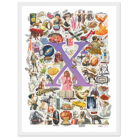 "X is for Xanadu" — a Renard Roux alphabet poster with English X words (purple version)
