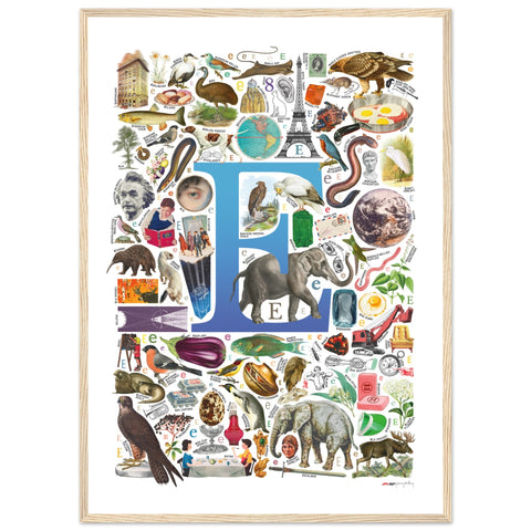 "E is for Explore" — a Renard Roux alphabet poster with English E words (blue version)