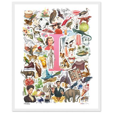 "I is for Imagination" — a Renard Roux alphabet poster with English I words (pink version)