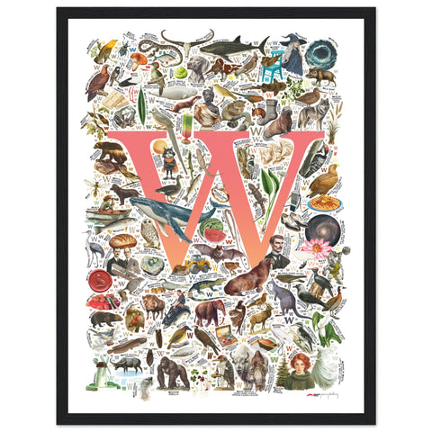 "W is for Wonder" — a Renard Roux alphabet poster with English W words (red version)