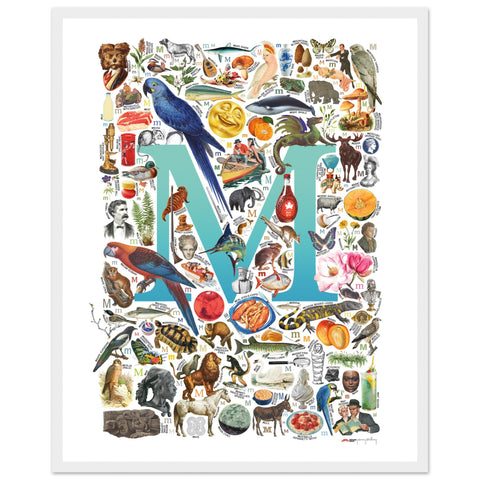 "M is for Magical" — a Renard Roux alphabet poster with English M words (turquoise version)